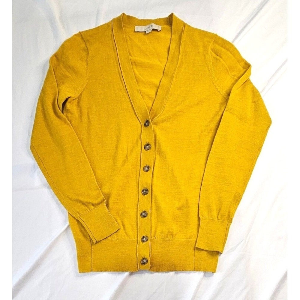 Ann Taylor LOFT Womens Mustard Yellow Wool Blend V-Neck Button Cardigan Sweater